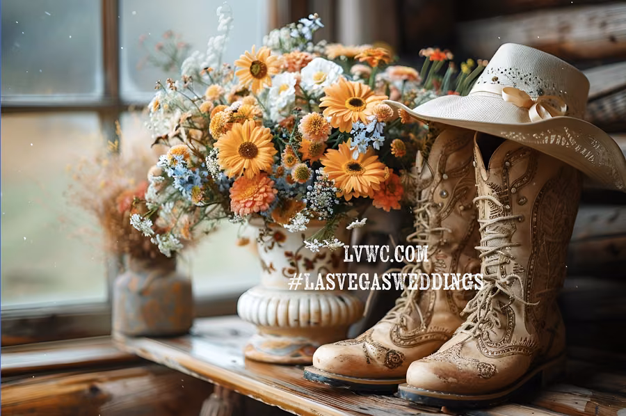 Styled wedding boots, hat and florals detail shot