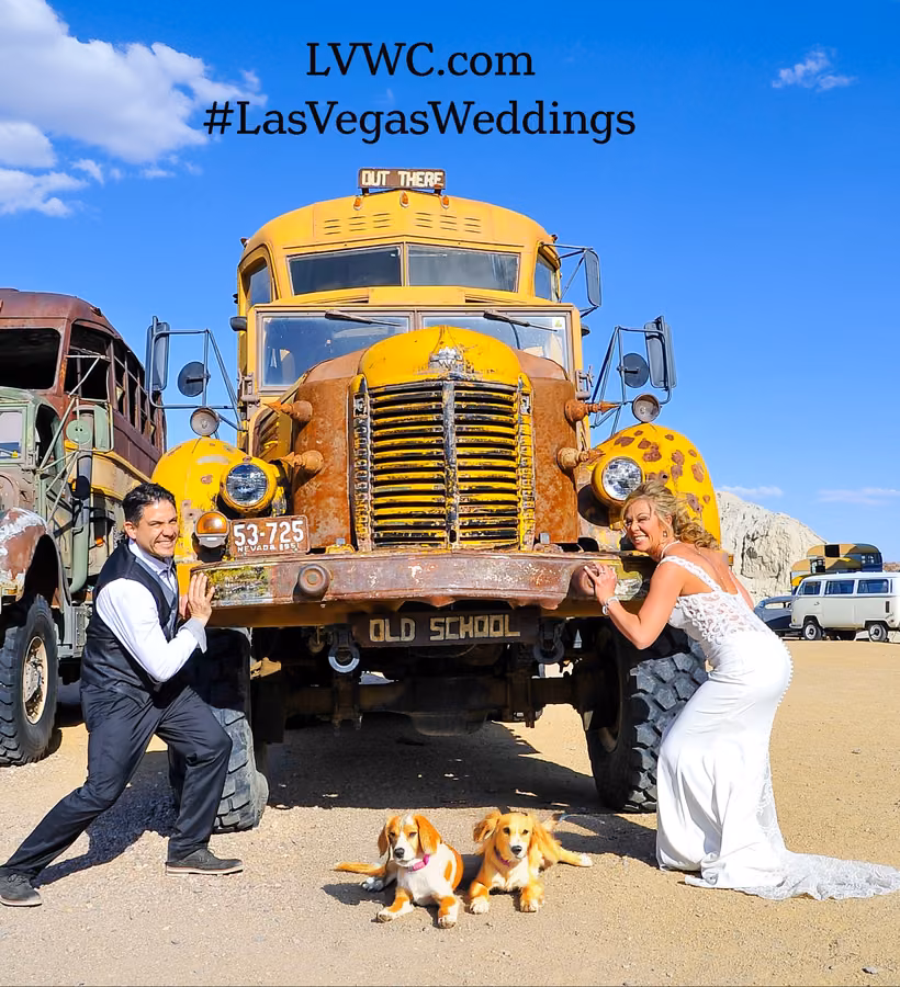 Wedding couple with their dogs at Nelson Ghost Town, Nevada
