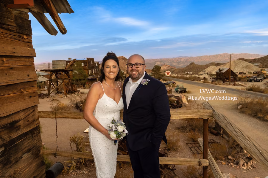 Bride and groom at a desert overlook near Nelson Ghost Town, Nevada