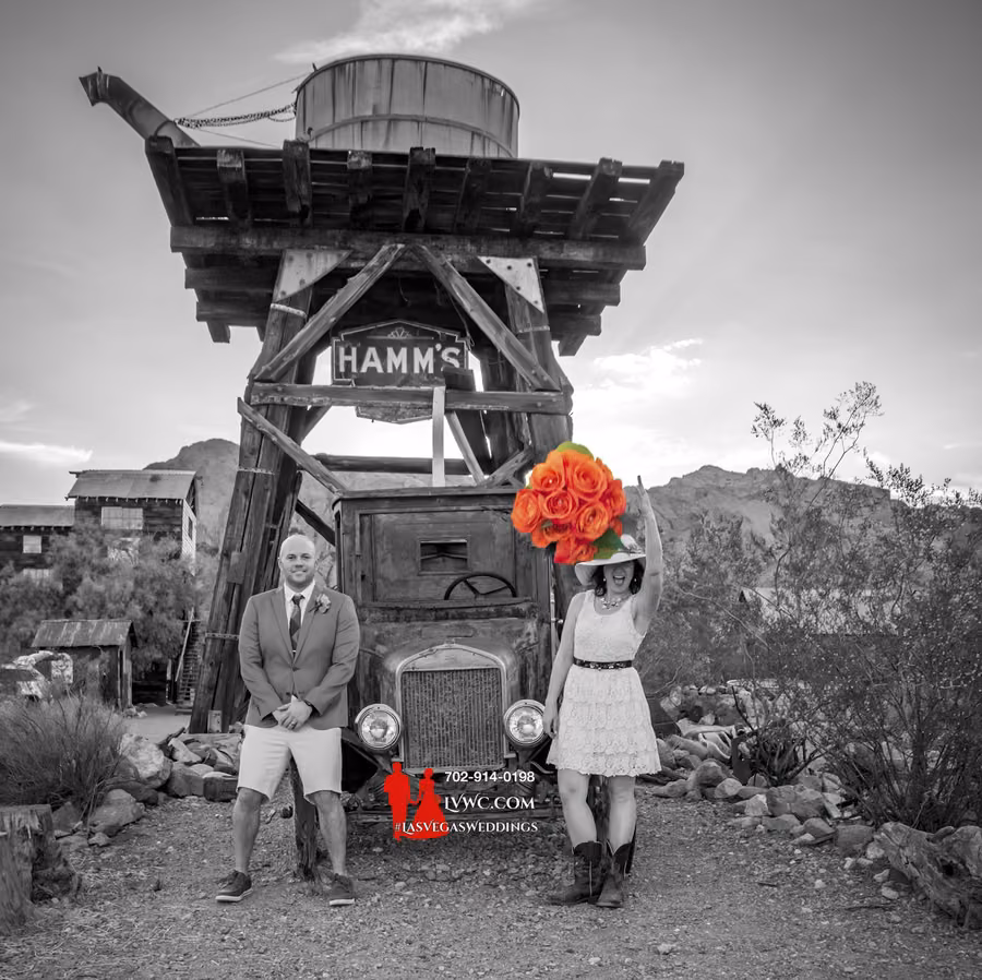 Styled wedding bouquet and boots detail shot at Nelson Ghost Town, Nevada