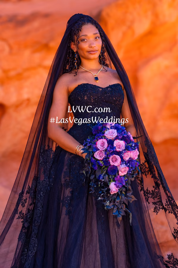 Bride in black wedding gown with bouquet at Valley of Fire State Park, Nevada