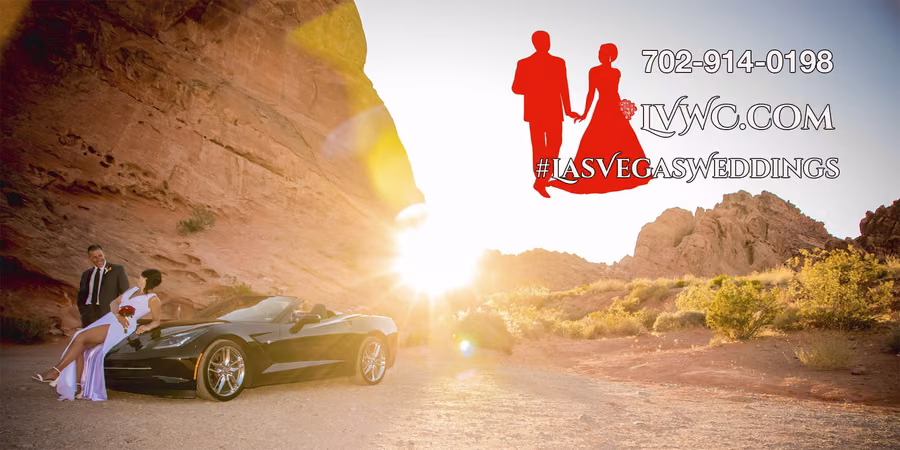 Bride and groom with a convertible sports car at Valley of Fire State Park, Nevada