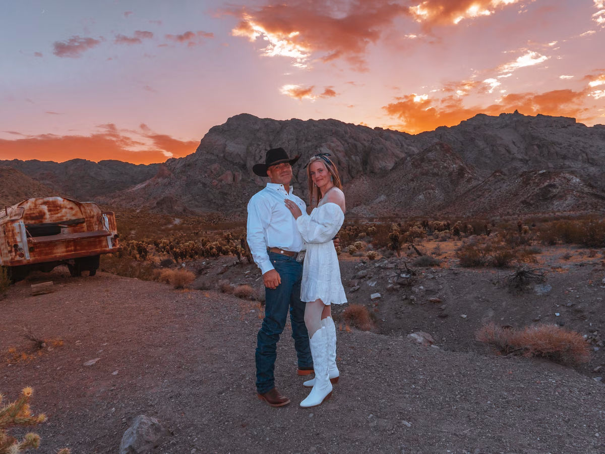 Couple photo shoot at Nelson Ghost Town desert sunset near Las Vegas Nevada