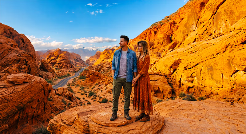 Couple photo shoot at Valley of Fire red rock desert sunset Las Vegas Nevada
