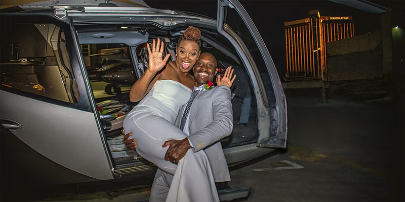 Bride and groom during in-flight ceremony over Las Vegas Strip