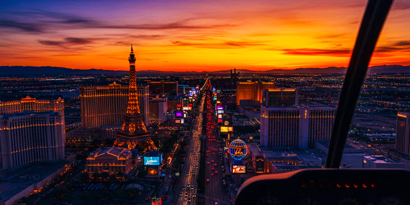 Las Vegas at sunset from helicopter wedding flight over the Strip