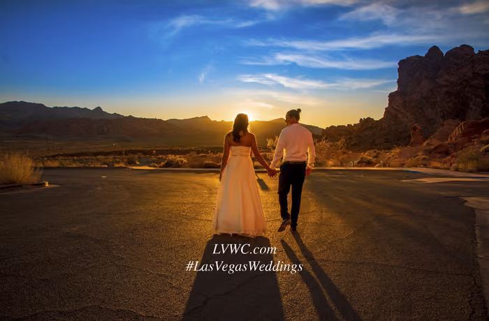 Bride and groom walking hand in hand toward the sunset at Valley of Fire State Park