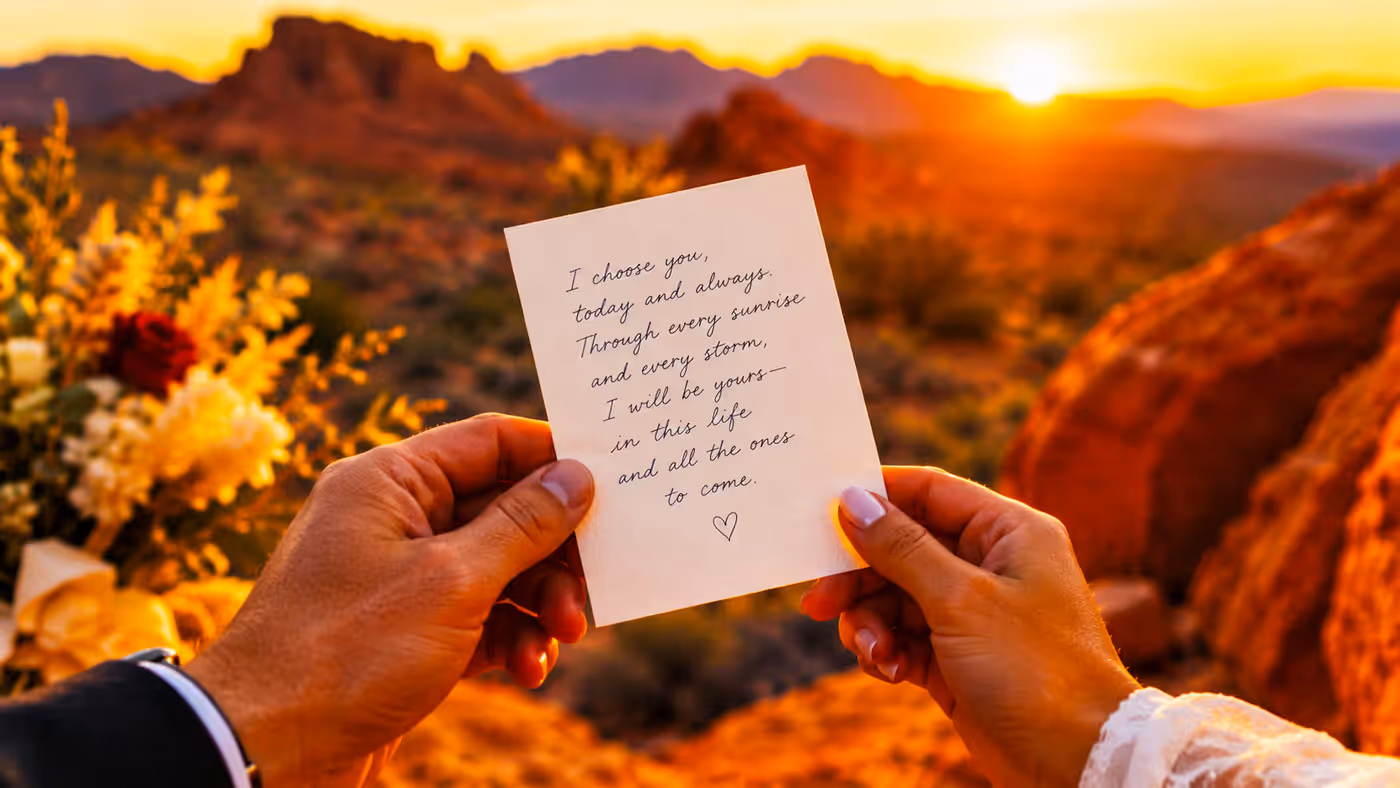 Handwritten short wedding vows on a card at a Las Vegas desert elopement — LVWC.com