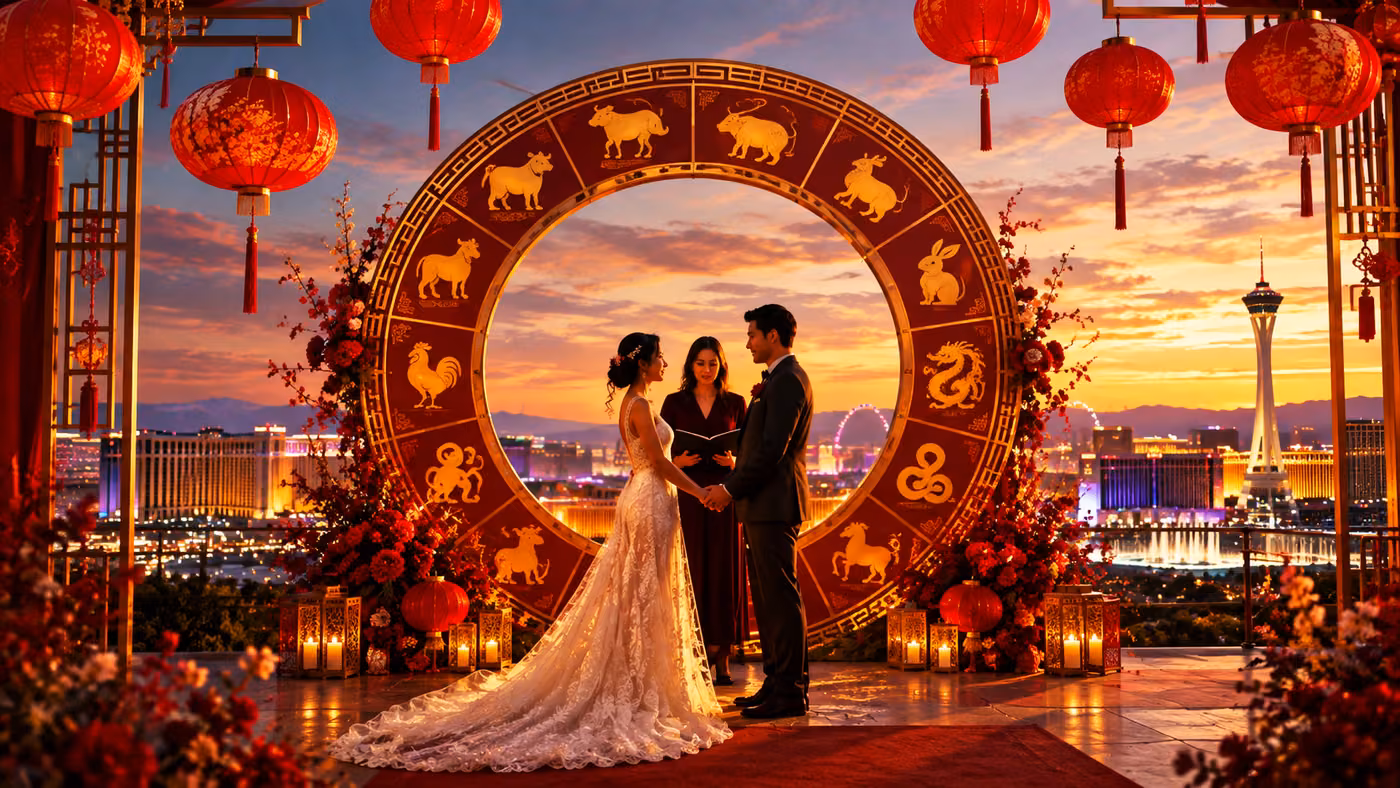 Couple at a Las Vegas desert wedding at sunset beneath a Chinese zodiac wheel and red lantern motif — LVWC.com