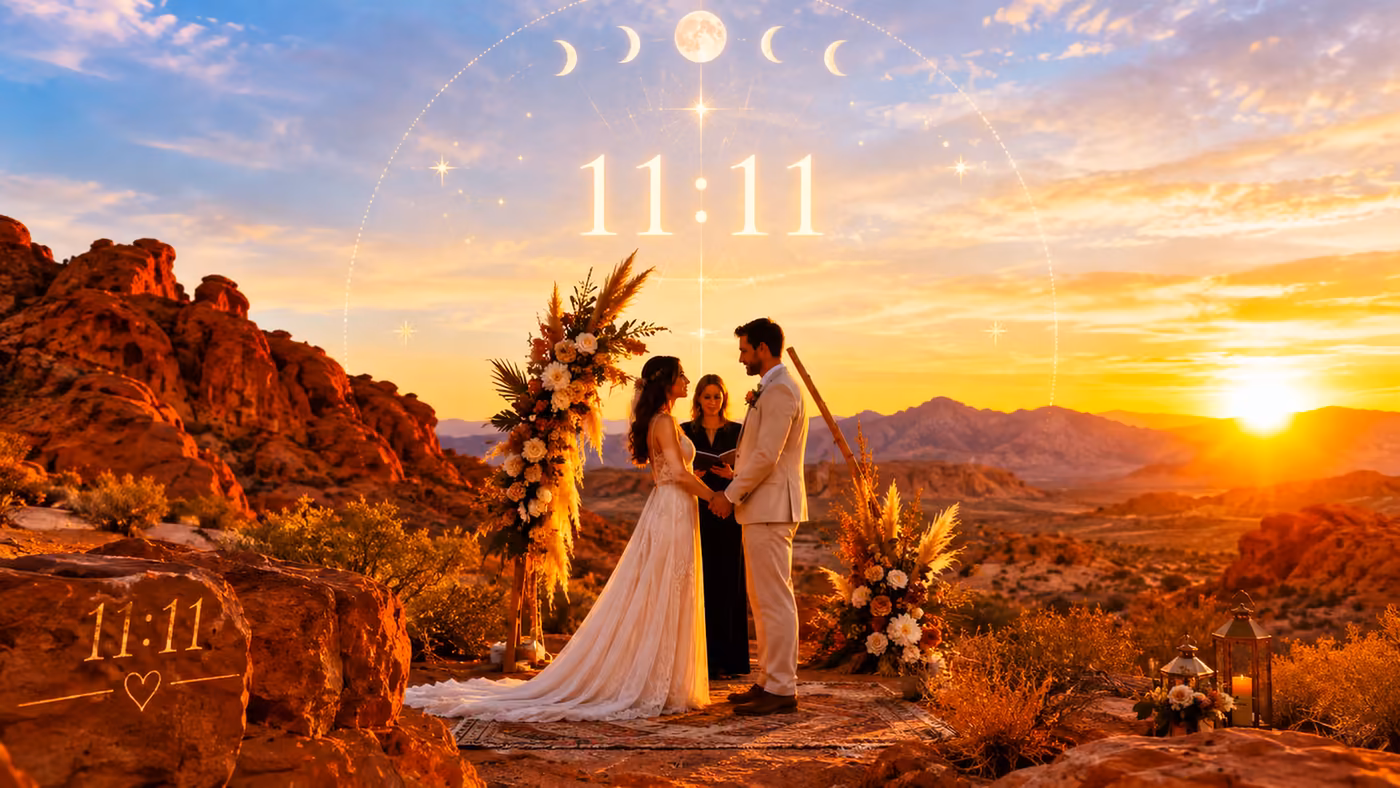Couple at a Las Vegas desert wedding at golden hour beneath an 11:11 and moon-phase motif — LVWC.com