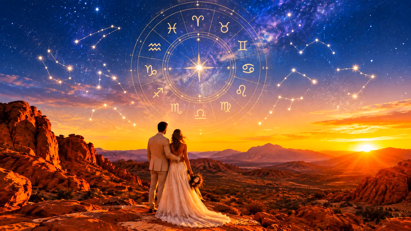 Couple at a Las Vegas desert overlook at sunset beneath a zodiac wheel and constellations — LVWC.com