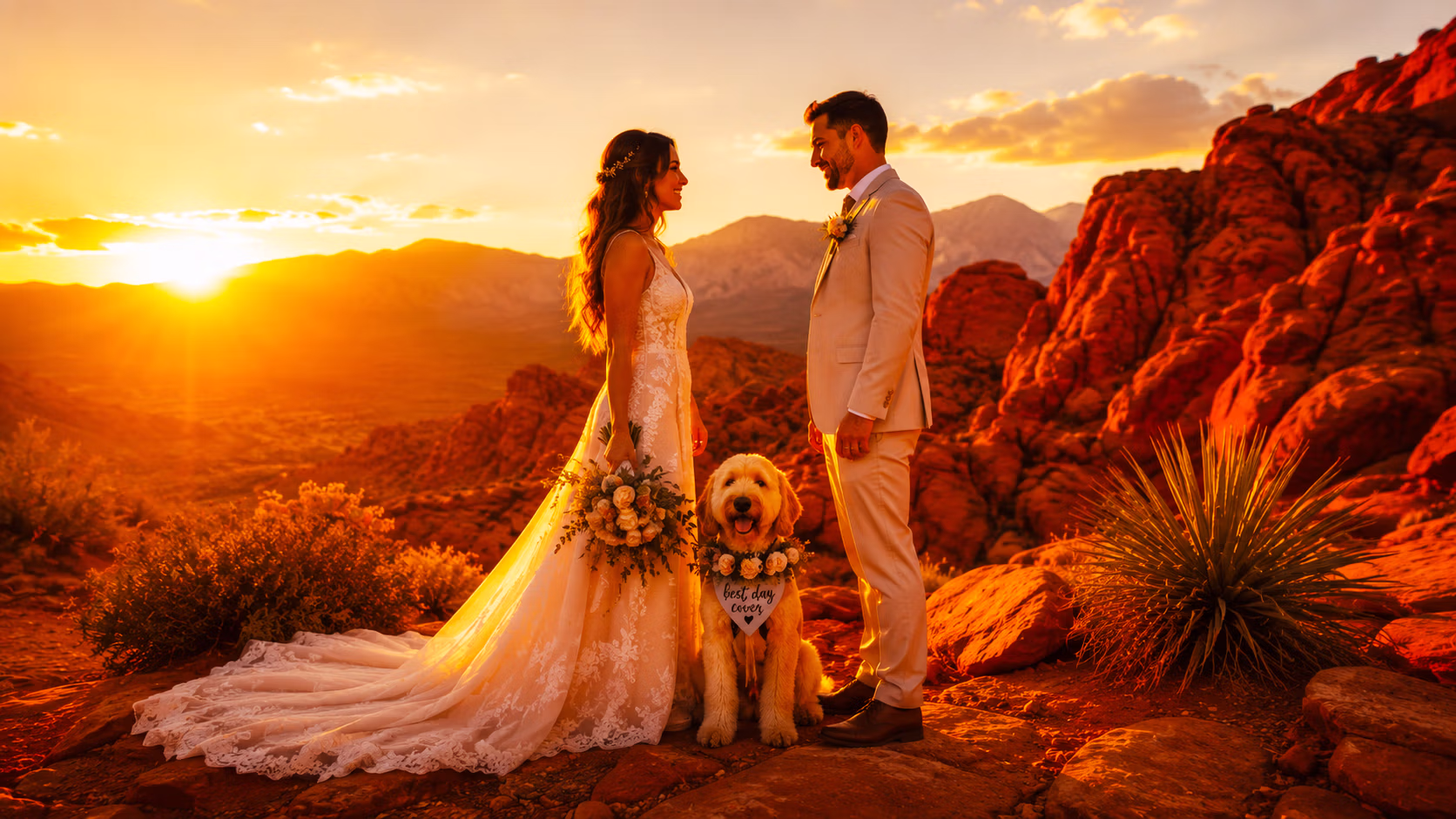 Couple at a Las Vegas desert wedding with their dog in a floral collar on red rock at golden hour — LVWC.com