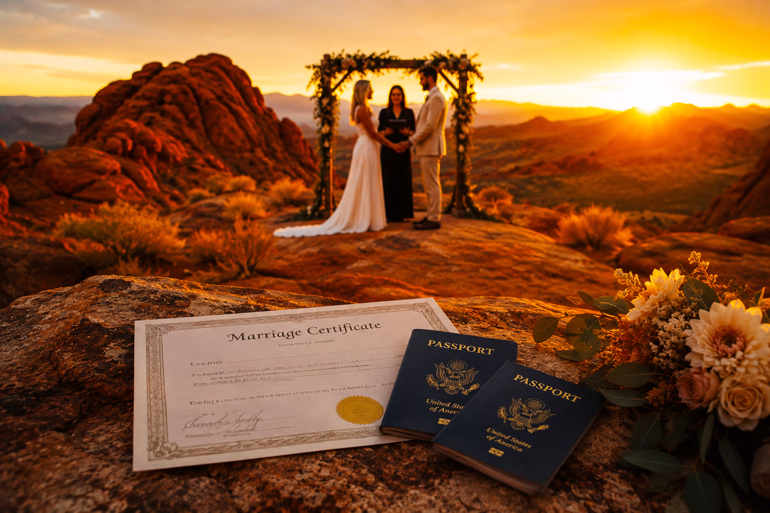 International couple at a Las Vegas desert wedding ceremony at golden hour with passports and marriage certificate — LVWC.com