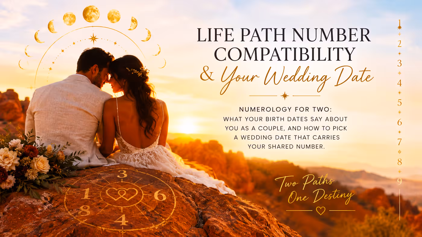 Couple sitting on red rock at a desert sunset beneath a moon-phase arc and numerology wheel — life path number compatibility for choosing a Las Vegas wedding date — LVWC.com