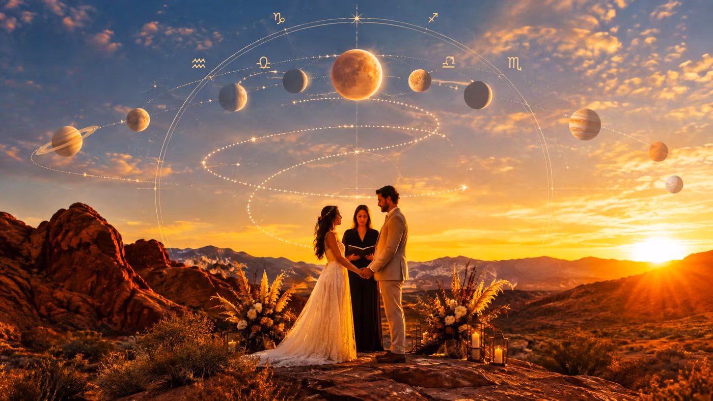 Couple at a Las Vegas desert wedding at dusk beneath a retrograde planetary motion motif — LVWC.com