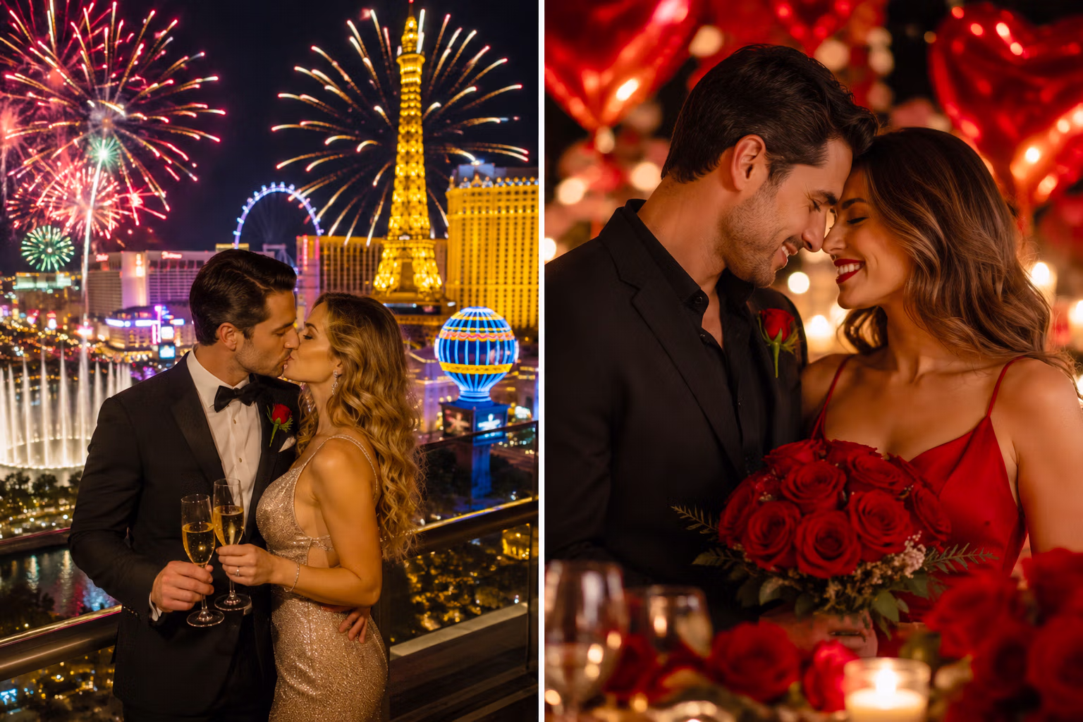 Couple celebrating at night on the Las Vegas Strip — New Year's Eve and Valentine's Day weddings by LVWC.com