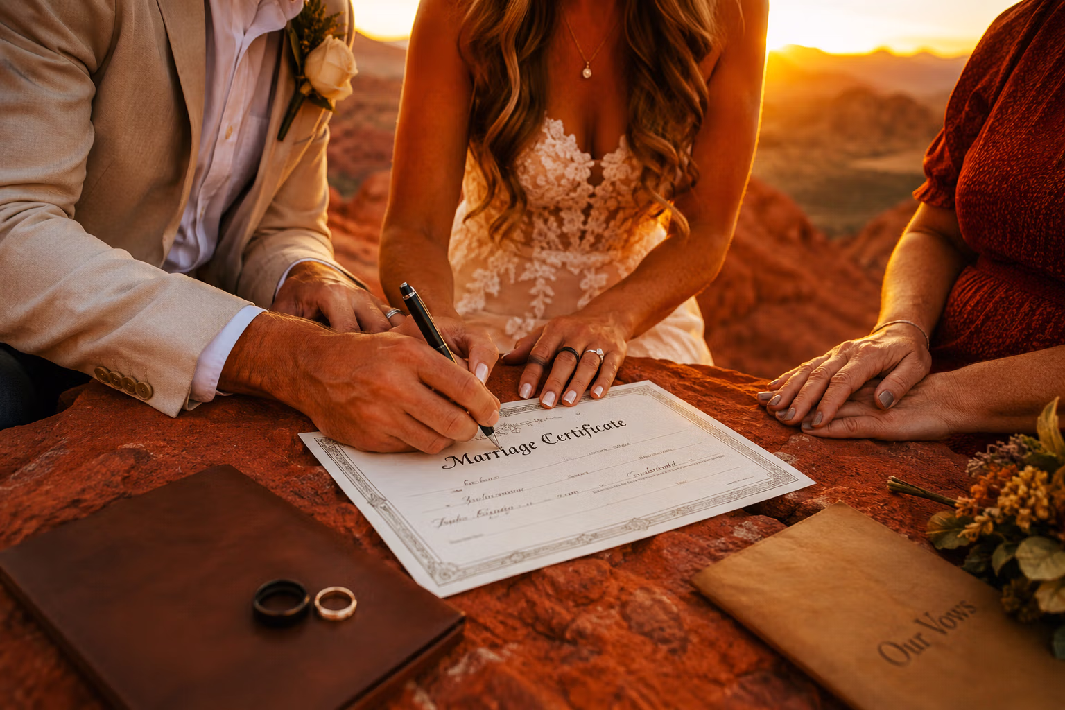 Couple and witness signing the Nevada marriage certificate on red rock at a Las Vegas desert wedding — LVWC.com